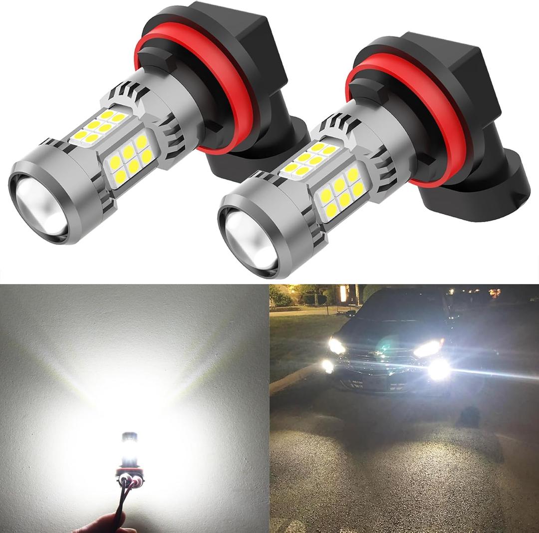 PHINLION H8 H11 LED Fog Light Bulbs or DRL, 3200 Lumens Super Bright 6000K Xenon White, Non-polarity 3030 30 SMD Chips 12V H16 H11LL Fog Lights Replacement for Cars, Pack of 2