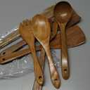 All Wood Cooking Utensils, Wooden Spoons for Cooking, 7 Piece Wood Kitchen Utensil Set, Non Toxic Teak Wood Spatula Spoon Turner, Heat Resistant Ladle, Salad Fork and Scraper for Cookware