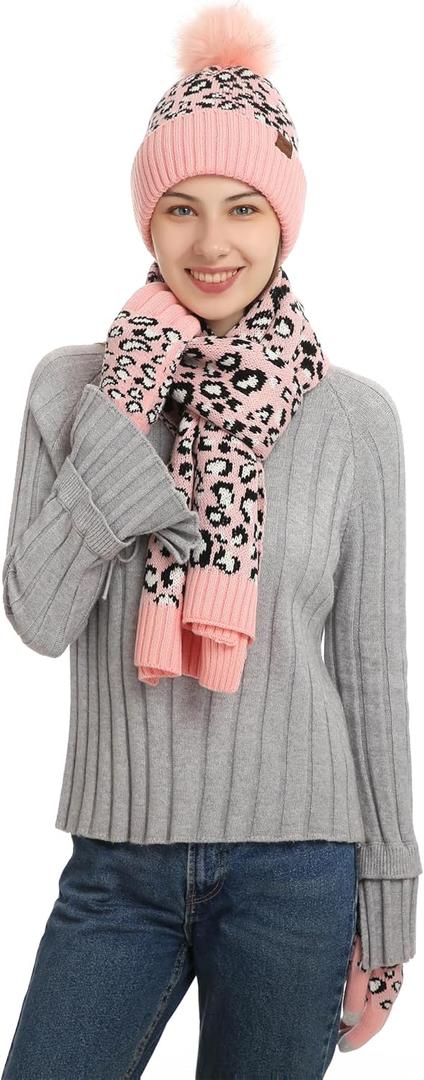 HAOYUAN Winter Hat Scarf Gloves Set, Womens Leopard Cheetah Knit Warm Hat Beanie Long Scarf Touchscreen Gloves for Cold Weather Neck Scarves (HA2080 pink)