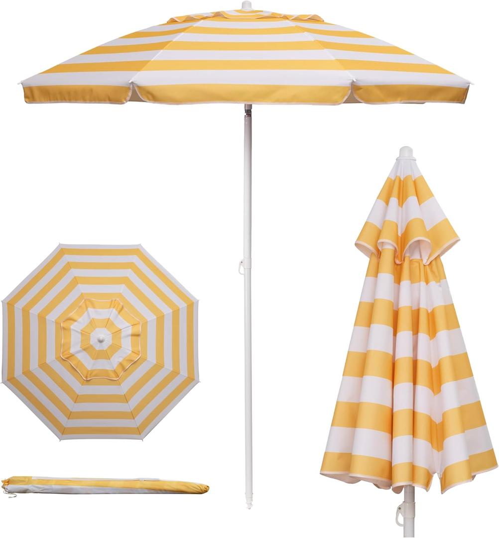 PICNIC TIME 5.5 Ft Portable Beach Umbrella, Lightweight UV Protection Sunshade with Tilt Pole & Carry Bag, Outdoor Canopy Umbrella for Beach, Sand, Pool, Patio, Camping, Travel, or Backyard Shade, (Yellow Cabana Stripe)