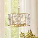 Farmhouse Crystal Convertible Chandelier and Semi Flush Mount Lighting Gold Cylinder Drum Shade Pendant for Kitchen Island Dining Room Bedroom Hallway (Gold-4 Lights)