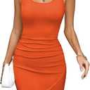 Missufe Women's Sleeveless Ruched Bodycon Sundress Summer Casual Mini Tank Dress (Medium, Orange)