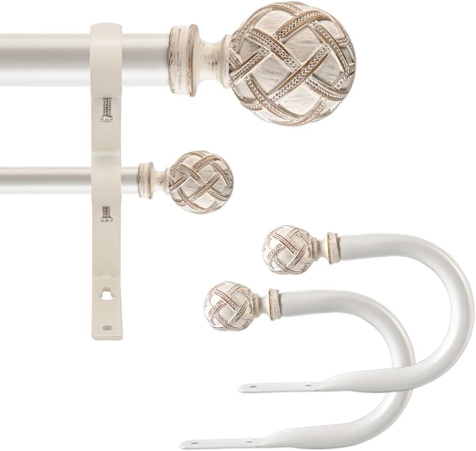 Ycolnaefllr 1 Inch Diameter Double Curtain Rod Set for Windows Double Window Treatment Curtain Rod Heavy Duty Adjustable from 120 to 170 Inch, Resin Finials with Curtain Holdbacks,Weathered White