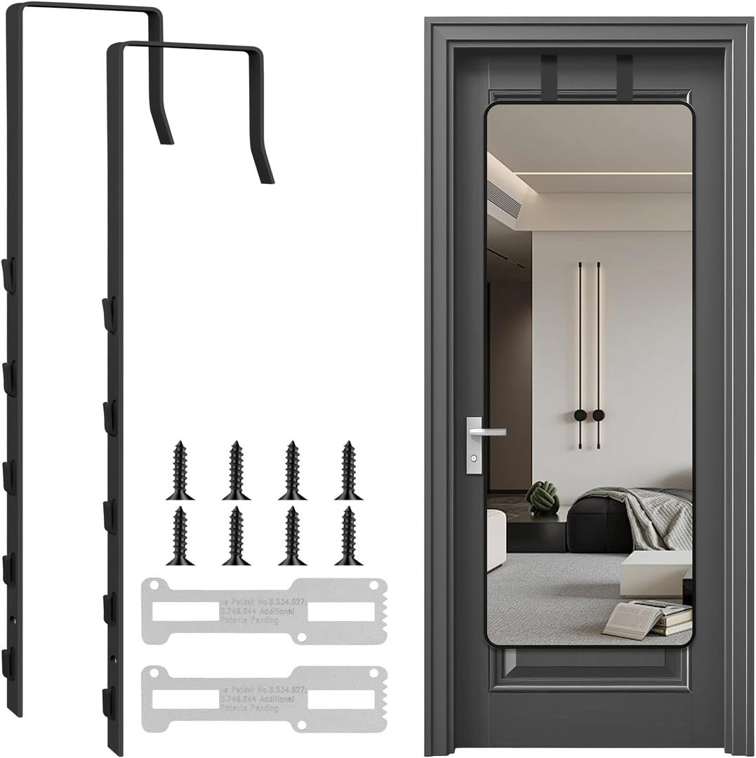2 PCS Over The Door Mirror Hanger, Adjustable Door Mirror Hanger, Five-Hole Over The Doors-Mirrors Hook, Mirrors Doors Hangers with 2 Iron Filings and Screws (Black)