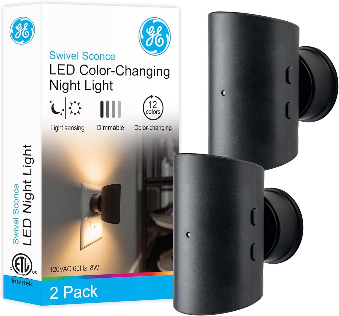 GE Directional Swivel Sconce Night Light, Plug-in, Color-Changing & Dimmable, Warm White, Dusk-to-Dawn Sensor, Adjustable for Hallway, Bedroom, Stairway  2 Pack 83591