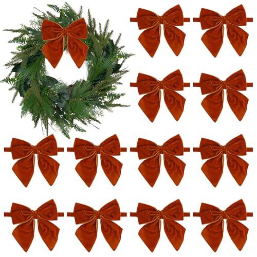 AIMUDI Orange Velvet Bows for Christmas Trees 4" Christmas Bows for Gift Wrapping Premade Bows for Wreaths, Holiday Crafts, Garlands, Staircase, Home Outdoor Winter Decorations, 12 PCs