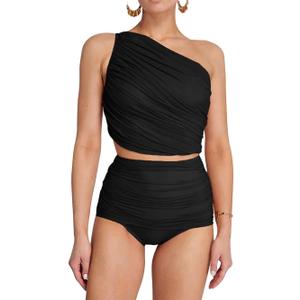 Leoparts Women's One Shoulder Two Piece Bikini Swimsuits Ruched Mesh High Waisted Wrap Skirt Bathing Suit Size L