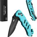 FLISSA Folding Pocket Knife with Clip, Glass Breaker and Seatbelt Cutter, Survival Knife for Emergency Rescue Situations, EDC Knife for Tactical, Hunting, Camping, Outdoor, Unique Gifts for Dad, Father-Blue