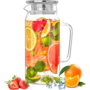Glass Pitcher with Lid, 1200ml Leak Proof, Glass Water Jugs, BPA-Free, Microwave & Dishwasher Safe Pitcher, Sun & Iced Tea, Sangria, Cold Brew Coffee & More
