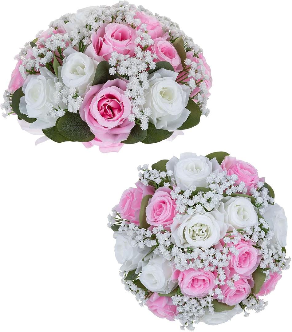 BLOSMON Fake Flowers Ball Centerpieces: 2 Pcs, Pink White Rose Babys Breath