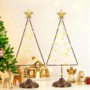 Set of 2 Lighted Christmas Tree Table Decoration with Golden Star Battery Operated Tabletop Prelit Mini Xmas Tree with LED Light up Desk Ornament for Home Mantel(Triangle,Antique Bronze)