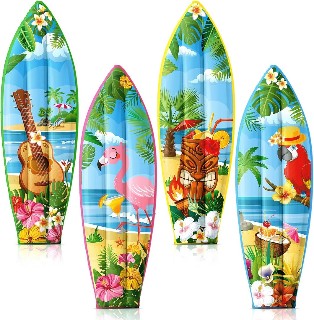 JellyArch 4 Pcs Hawaiian Inflatable Surfboard Tropical Flamingos Hawaiian Luau Party Decorations Blow up Surfboard Wall Decor for Summer Tiki Bar Decor Beach Party Decorations