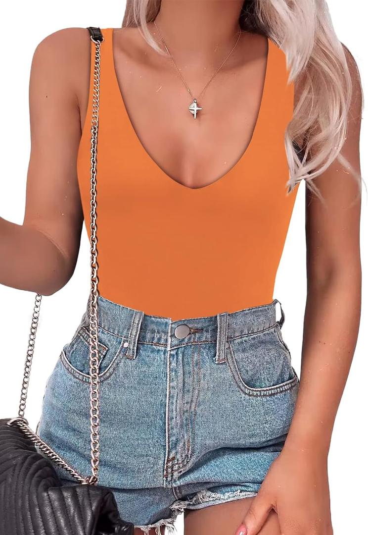 SAUNGKUAI Womens Bodysuit Sexy Plunge Deep V Neck Backless Sleeveless Tank Thong Body Suits Outfits for Going Out (Large, Orange)