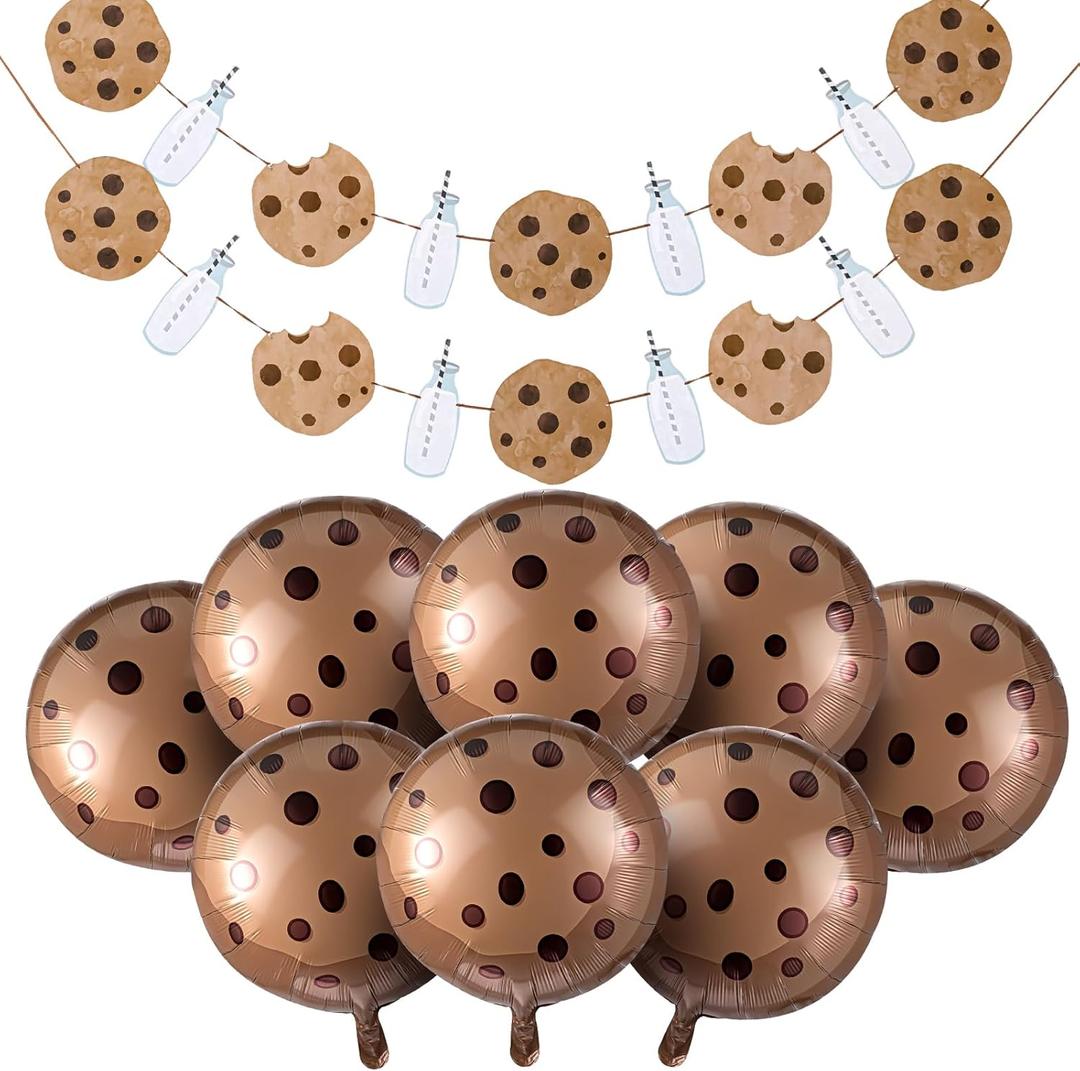 10 Pcs 21 Inch Cookie Balloons Cookies Milk Birthday Party Decorations Include 8 Foil Chocolate Chip Biscuit Inflatables Decor and 2 Banners for Birthday Party Supplies Baby Shower
