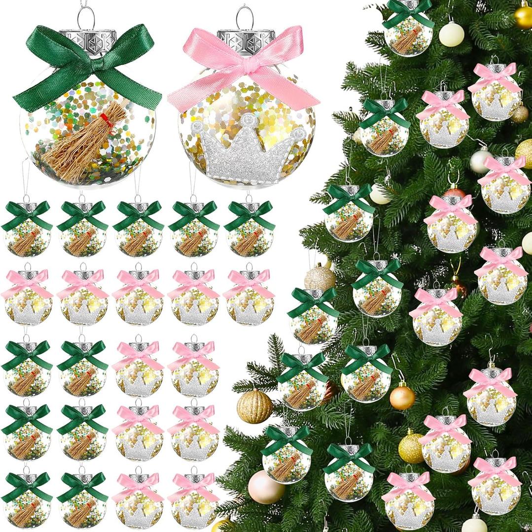 Soulchen 24 Pcs 2.36 Inch Christmas Witch Ball Ornament Pink and Green Christmas Ball Ornament with Sequins Ribbon Bows Xmas Tree Witch Hanging Craft Gift for Xmas Holiday Party Winter Home Decor