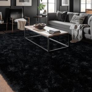Super Fluffy Area Rugs 8x10, Big Modern Shag Black Rug for Living Room, Soft Plush Large Bedroom Under Bed Carpet for Kids, Non Slip Boys Girls Room Home Decor for Dorm Nursery Classroom