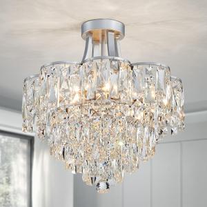 WUZUPS Crystal Chandelier Semi-Flushmount Ceiling Light Modern Lighting Fixture for Bedroom Hallway Entry Kitchen Bathroom, H 19.3" x W 18.3", E12 Base, Silver