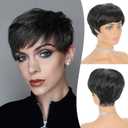 FESHFEN Pixie Cut Wigs Synthetic Short Pixie Haircut Wig with Bangs Glueless Layered Wig Wavy Wigs for Women, Black