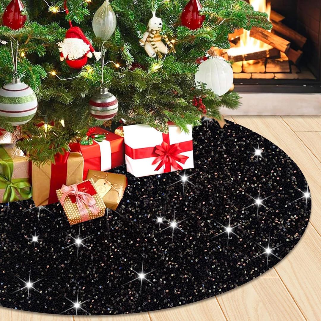 Black Christmas Tree Skirt Small 21 Inches Glitter Velvet Tree Skirt Xmas Tree Skirt for Pencil Tree Decorated Sequin Tree Skirts Mat Round Tree Base Cover for Thanksgiving Christmas Decor Black
