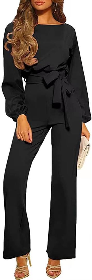 Womens Casual Jumpsuits Loose Fit Belted Dressy Long Sleeve Crewneck Autumn Jumpsuit Long Wide Legs Formal Rompers (XL, Black)