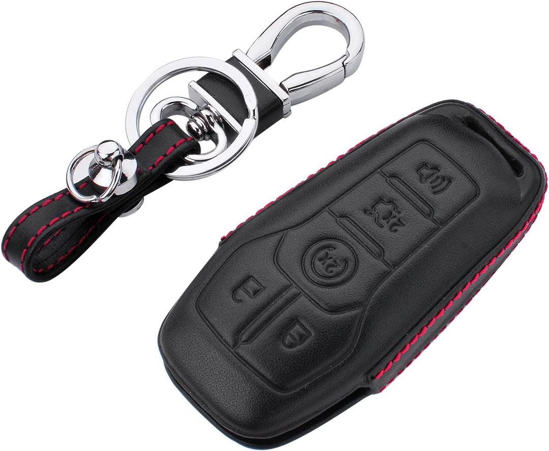 RoyalFox Genuine 5 buttons Leather Key Fob case Cover For Ford Mustang Explorer Taurus F-150,Lincoln MKZ MKC MKX smart key, Car Remote Key Pouch Bag With Key Rings Kit Keychain Holder Metal Hook Black