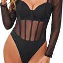 SweatyRocks Women's Sheer Floral Lace Long Sleeve Bodysuit Tops Sweetheart Neck Jumpsuit (Medium)