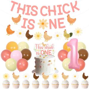 Chicken 1st Birthday Party Decorations, Chicken Floral This Chick Is One Banner Garland Farm Animal Theme Cake and Cupcake Toppers Balloons Set for Girls Hen Theme 1st Birthday Party Supplies