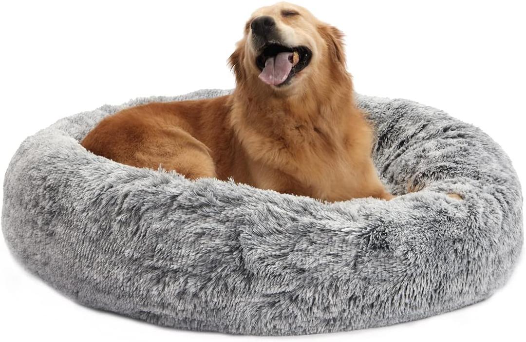 Bedfolks Calming Donut Dog Bed, 36 Inches Round Fluffy for Large Dogs, Anti-Anxiety Plush, Machine Washable (Dark Grey, Large)