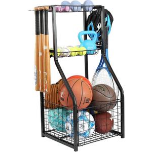 YueTong Sports Equipment Organizer for Garage Organization, Ball Storage With Basketball Holder and Ball Cart Rack, Outdoor Toy Storage with Bin for Nerf Gun, Football, Volleyball Stuf, Gym Accessories