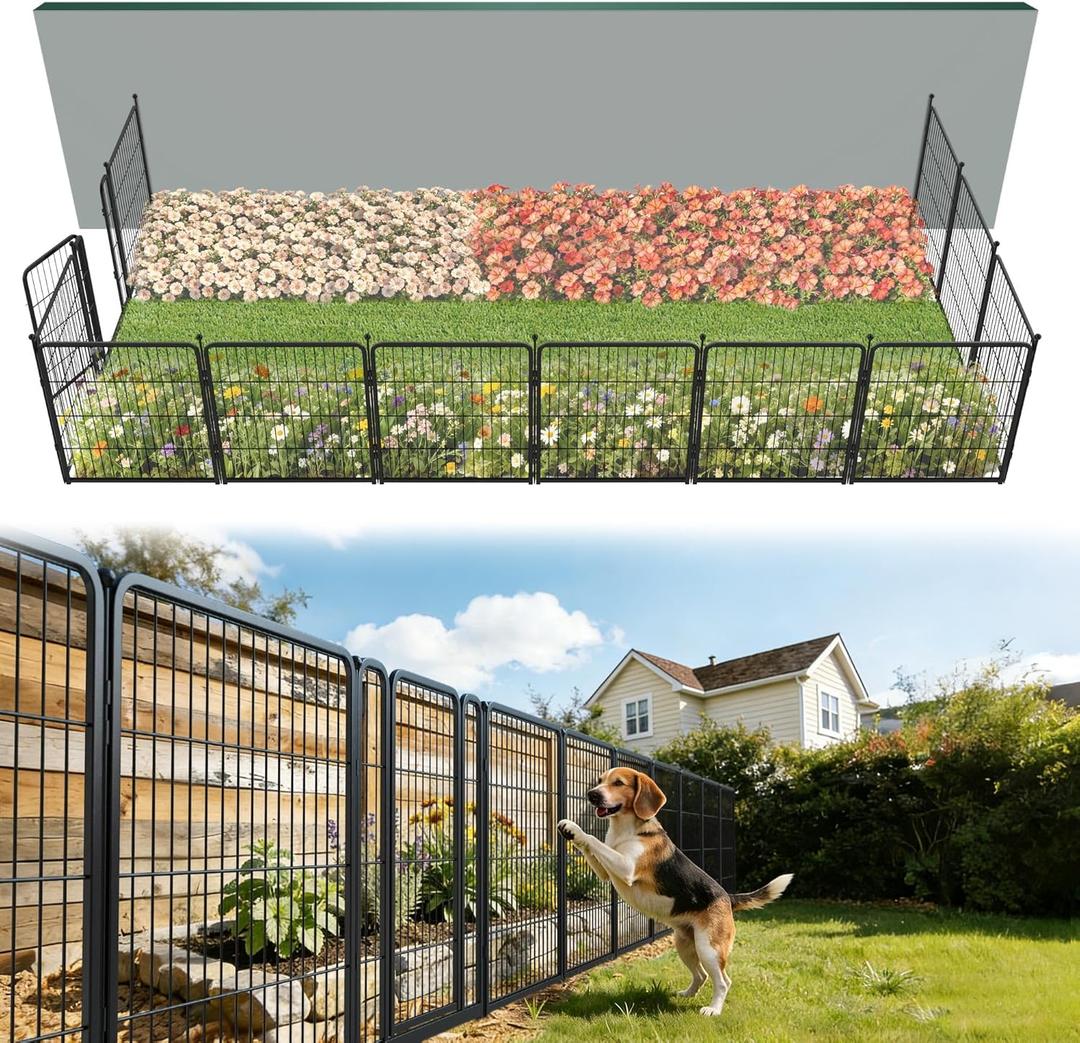 FXW Garden Fence Outdoor for the Yard 32in(H) x 27.3ft(L) Heavy Duty Metal Animal Barrier for Dog, No Dig Decorative Dog Fence, 12 Panels, Black
