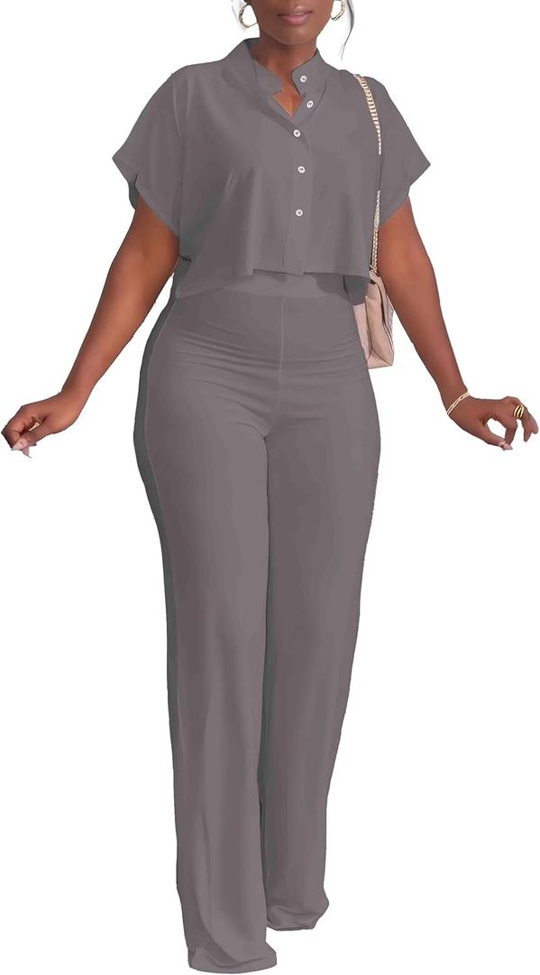 HBQ Women's Summer 2 Piece Outfits Casual Tracksuit Short Sleeve Button Down Crop Top Wide Leg Long Pant Lounge Sets, Large, Grey