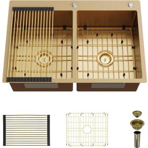 Gold 50/50 Double Bowl Kitchen Sink, 33"x 22" Stainless Steel Drop In Kitchen Sink Gold Topmount Sink With Gold-tone Accessories-Rack,Grid And Drain Assembly Add Luxurious Look For Modern Kitchen, 33x22x9 inches