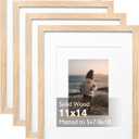 KINLINK 11x14 Picture Frame Natural, Solid Wood Frames 14x11 with Acrylic Plexiglass for Pictures 5x7/8x10 with Mat or 11x14 without Mat, Tabletop and Wall Display Photo Frame Set of 4
