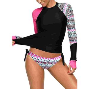 Women's Long Sleeves Rash Guard Athletic Swim Aztec Tankini Sets Swimsuit L
