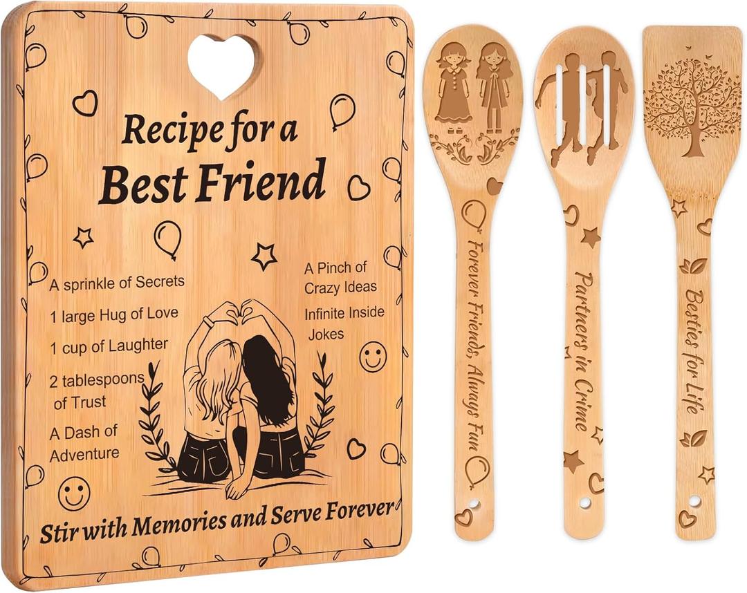 Best Friend Birthday Gifts for Women - Recipe for a Best Friend Bamboo Cutting Board with Engraved Utensils, Unique Bestie Gift for Long Distance Friendship, Housewarming, Christmas