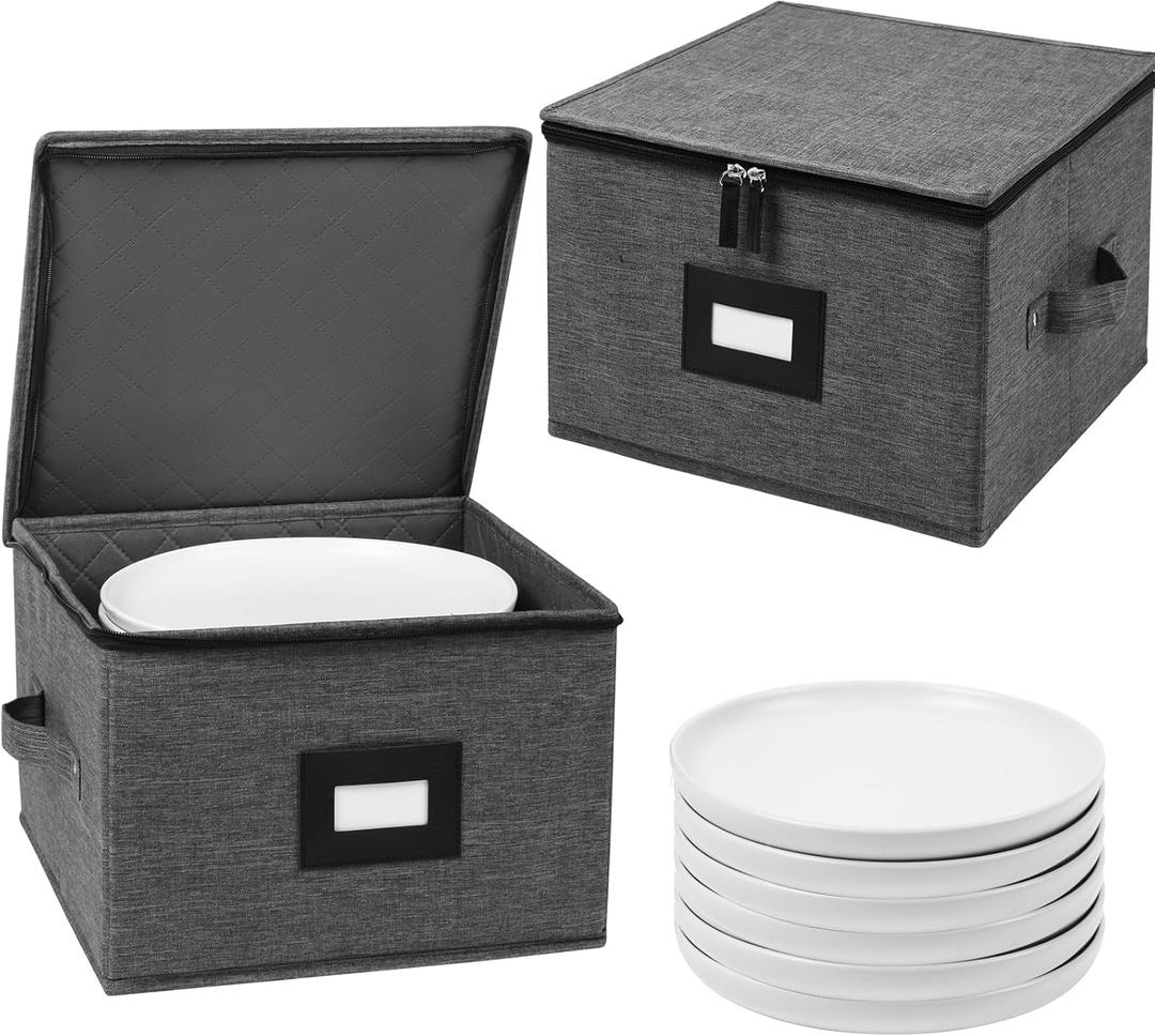 China Storage Containers Hard Shell, 12" Plate Storage Containers for Dishes, Stackable Dinnerware Storage with 24 Felt Dividers (2 Pack Black)