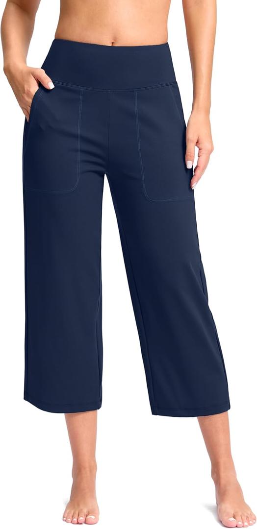 Women's Capri Pants with Pockets High Waist Yoga Pants Wide Leg Workout Crop Summer Pants for Casual, Travel, Exercise(Navy, S)