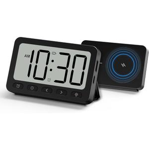 ANJANK Digital Travel Alarm Clock, 6000mAh Portable Power Bank Battery for MagSafe Charging, Magnetic Wireless Charger for iPhone, USB-C & USB-A Charging, Small Foldable LCD Clock with Backlight