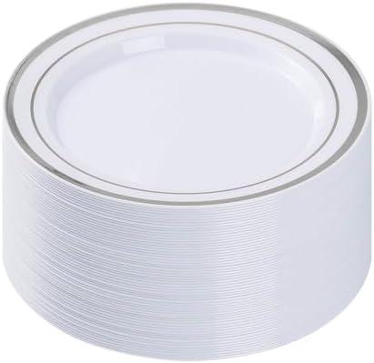 BESTVIP 50PCS Silver Plastic Plates, 10.25 Inch Disposable Dinner Plate Party with Silver Rim, Heavy Duty Disposable Plastic Plates for Christmas, Thanksgiving, Party, Wedding and Birthday