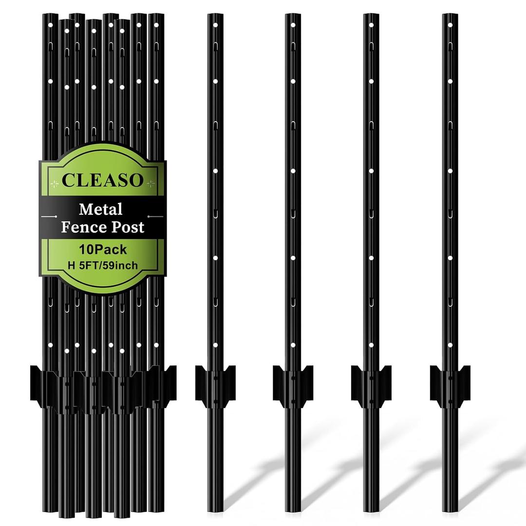 10 Pack Metal Fence Posts, 5ft Heavy Duty U-Post, Black Garden Stakes, No-Dig Post Anchors for Wire Fences, Temporary Fencing, Electric Fence, and Corner Support