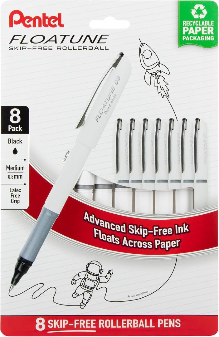 Pentel Floatune Rollerball, 0.8mm medium point, Black Ink, Pack of 8 pens (BY108PF8A)