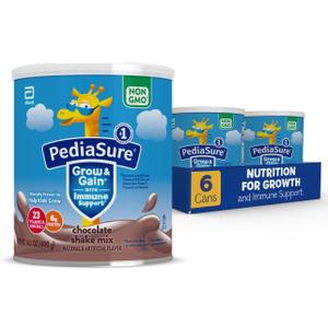 PediaSure Grow & Gain with Immune Support Shake Mix Powder, 23 Vitamins & Minerals, 6g Protein, Non-GMO, Gluten-Free, Kids Nutrition, Chocolate, 14.1 oz Can, Pack of 6-48 servings