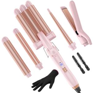 5 in 1 Wand Curling Iron-Curling Wand Set with Hair Straightener, 3 Barrels Hair Crimper Iron, 3 Ceramic Curling Irons (0.35 "-1.25"), 2 Temps Fast Heat Hair Curler Waver with Glove & Clip-Light Pink