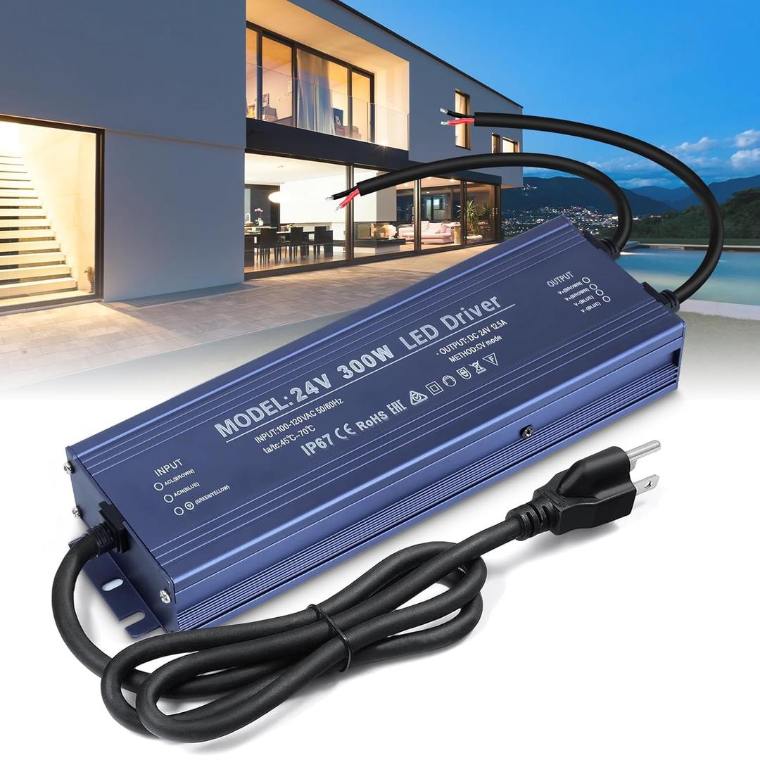 LED Driver 24V, BRIMETI LED Power Supply 300W Waterproof IP67 Transformer Adapter 110V AC to 24V DC Converter Low Voltage Output with 3-Prong Plug 3.3 Feet Cable for Outdoor Light Strip, 12,5 Amp