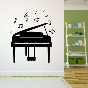 Design With Vinyl Music Wall Decal Piano Silhouette with Musical Notes on White Background Removable - Size: 24 in x 30 in (Black)