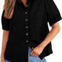 PRETTYGARDEN Womens Summer Short Sleeve Button Down Shirts V Neck Collared Casual Blouse Tops with Pockets