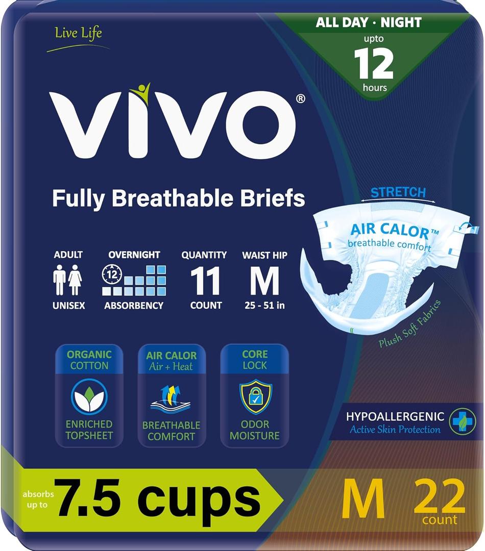 VIVO Organic Cotton Overnight Sensitive Skin Adult Incontinence Diaper Briefs with Tabs, Medium 22 Count