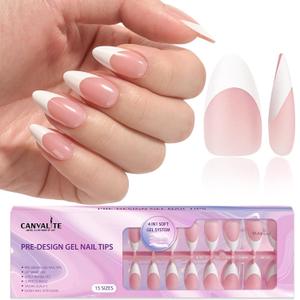 Canvalite French Tip Press on Nails Gel Nail Tips - 300Pcs Pre-Colored Quick and Easy Press on Nails Almond Fake Nails with Designs DIY Nail Extensions Valentines Day Gifts for Her, Pink White