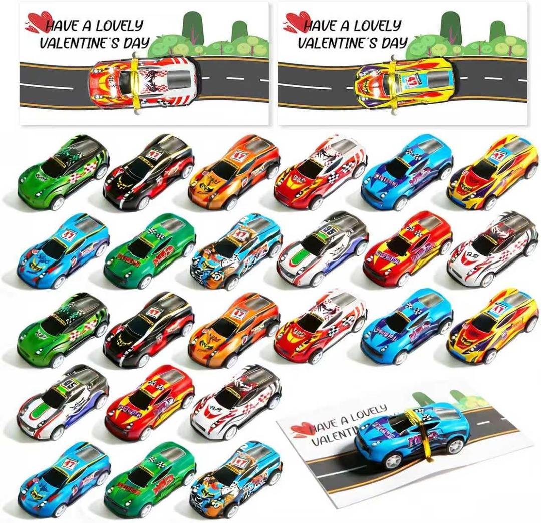 2 x Valentine's Gifts for Kids - Valentine's Day Cards for Kids School, 24-Pack Racing Cars for Classroom Prizes for Boys Girls, Classroom Exchange, Toddler Class Gift, Party Favors, Goodie Bags Stuffers