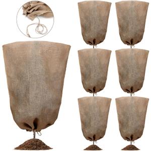 Woanger 12 Pcs 40" x 24" Reusable Winter Burlap Plant Covers Bags Warm with Drawstring Large Sack Plant Blanket Burlap Frost Cover for Cold Winter Outdoor Fruit Garden Trees Protection